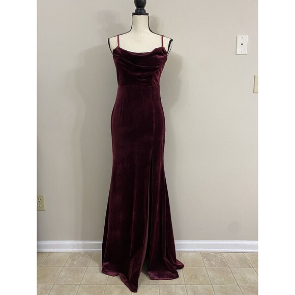 Lulus Everything I Do Wine Velvet Cowl Neck Mermaid Maxi Dress NWOT Size S Small - Picture 3 of 10